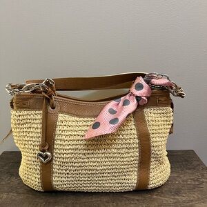 Brighton Tan and Brown Woven Shoulder Bag with Pink Accent